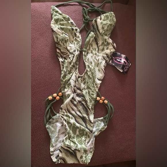 Green Mixed Animal Print Sexy One Piece Bathing Suit L - Picture 4 of 5